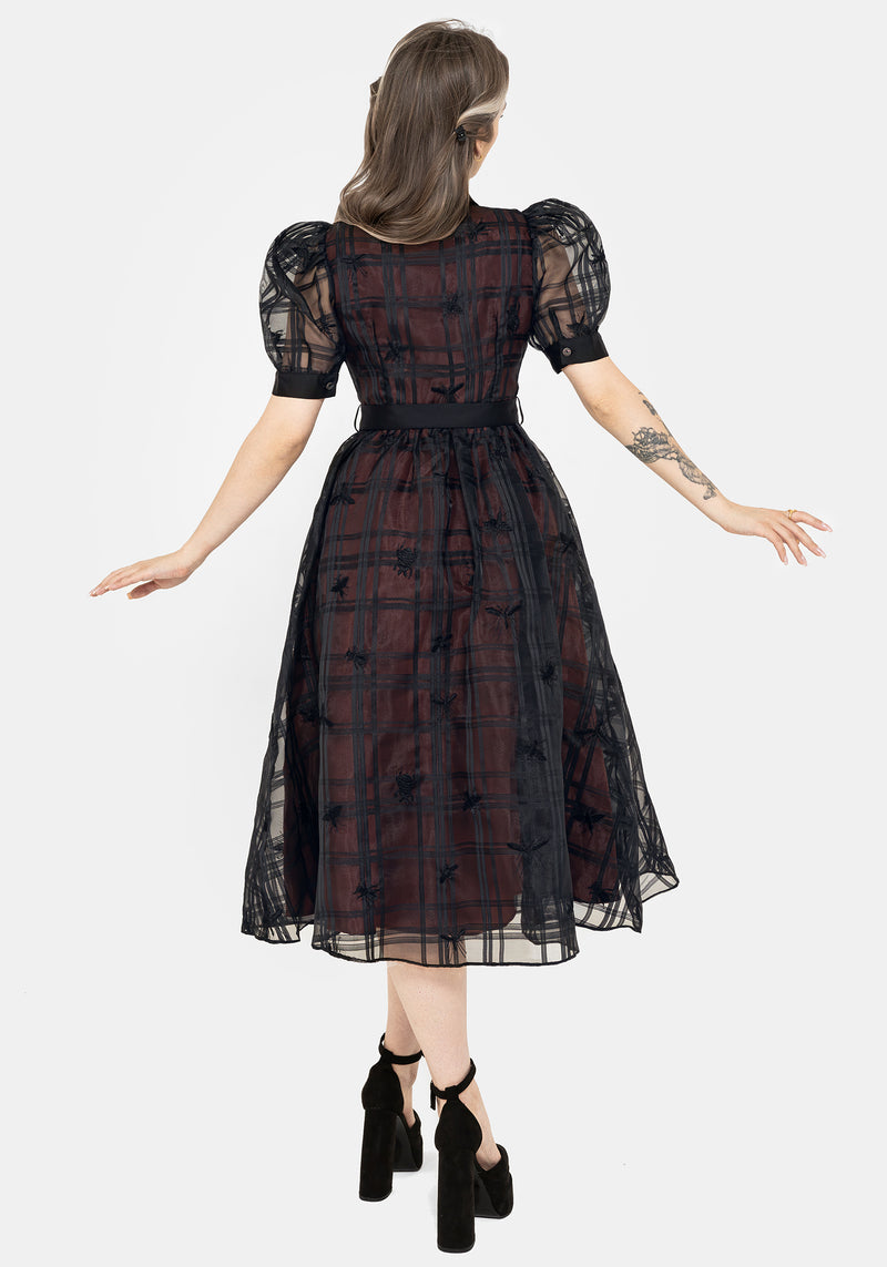 Sedona Organza Check Embroidered Puff Sleeve Midi Shirt Dress