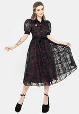 Sedona Organza Check Embroidered Puff Sleeve Midi Shirt Dress
