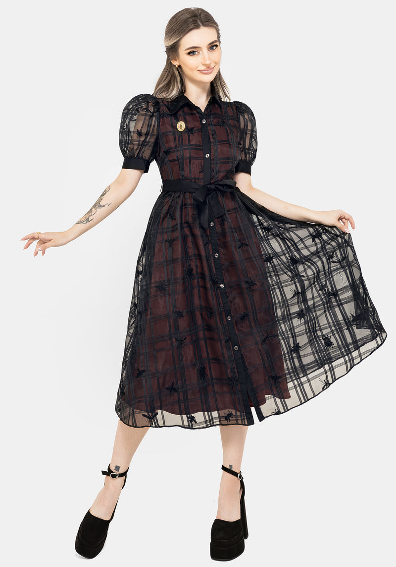 Sedona Organza Check Embroidered Puff Sleeve Midi Shirt Dress
