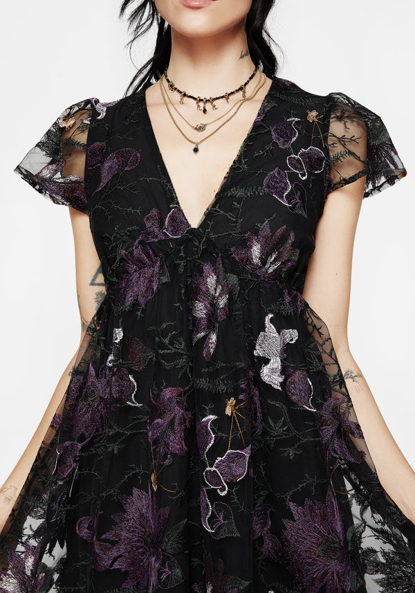 Estrid Embroidered Mesh Flute Sleeve Mini Dress
