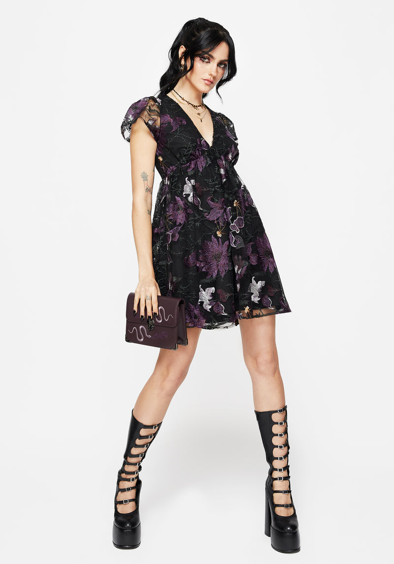 Estrid Embroidered Mesh Flute Sleeve Mini Dress