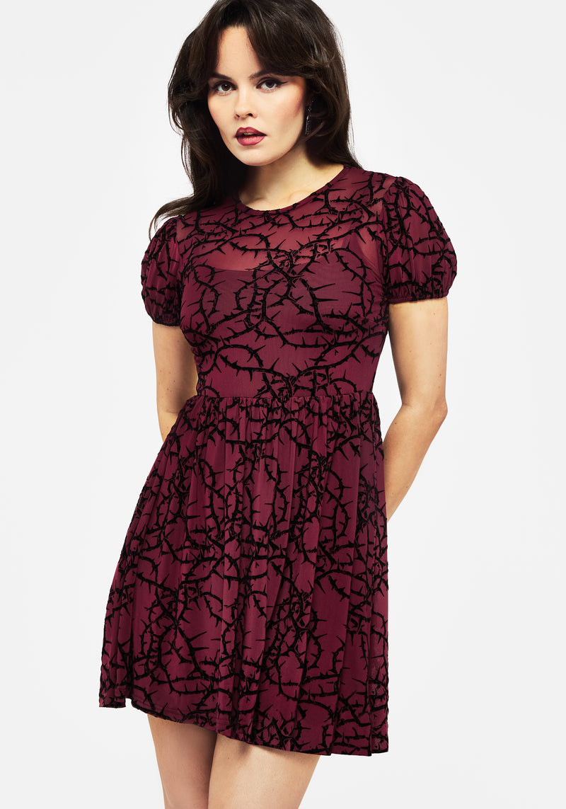 Prickle Thorn Print Mesh Puff Sleeve Mini Dress