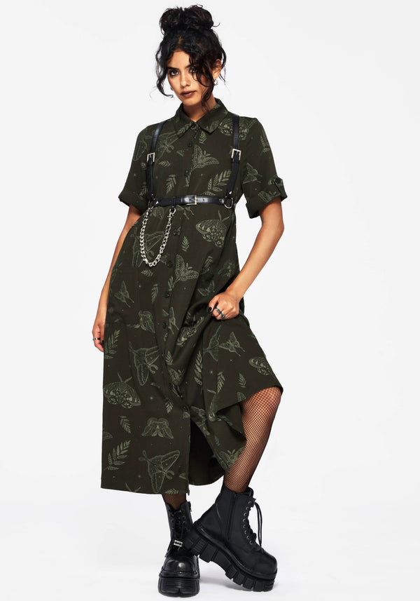 Callopistria Moth Print Midi Shirt Dress - Green