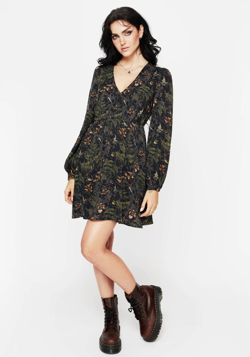 Wither Fern Print Balloon Sleeve Mini Dress