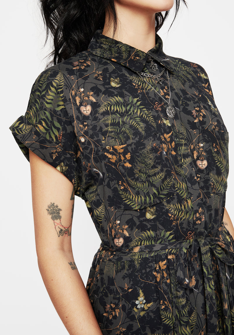 Wither Fern Print Midi Shirt Dress