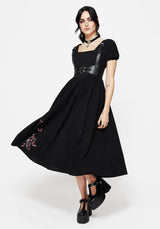 Copia Moth Embroidered Cotton Puff Sleeve Split Skirt Midi Dress