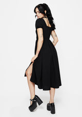 Copia Moth Embroidered Cotton Puff Sleeve Split Skirt Midi Dress