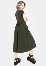 Foliate Linen-Blend Embroidered Button Up Midi Dress - Green
