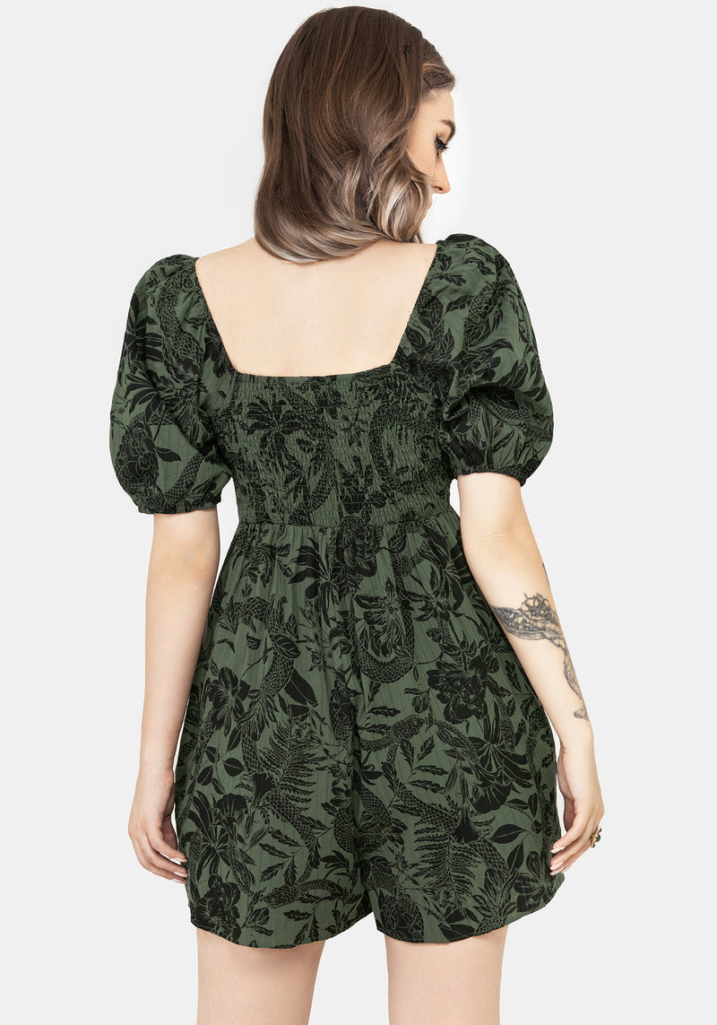 Bashe Cotton Puff Sleeve Playsuit - Green