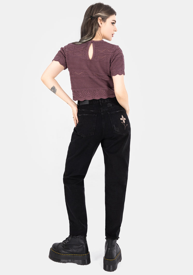 Hooked Pointelle Short Sleeve Crop Top - Purple