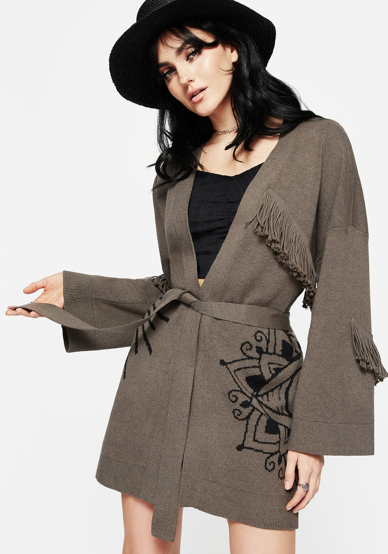 Iris Flare Sleeve Longline Fringe Knit Cardigan