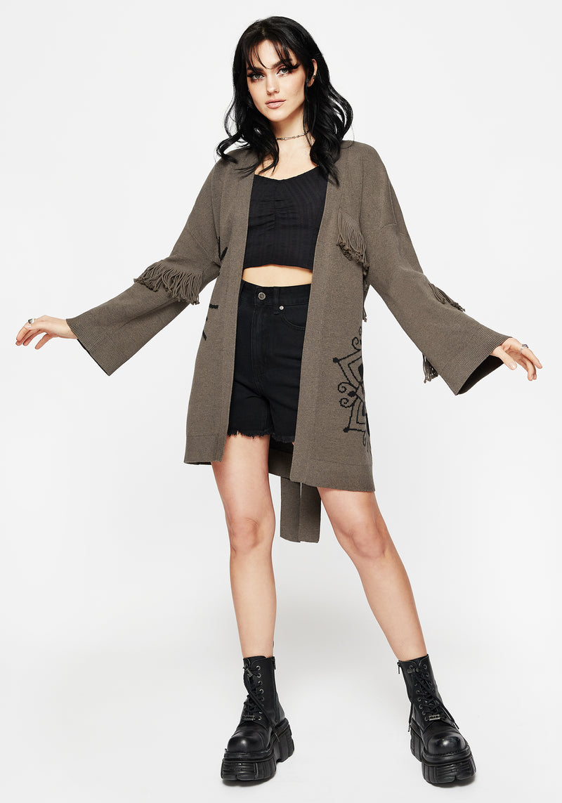 Iris Flare Sleeve Longline Fringe Knit Cardigan