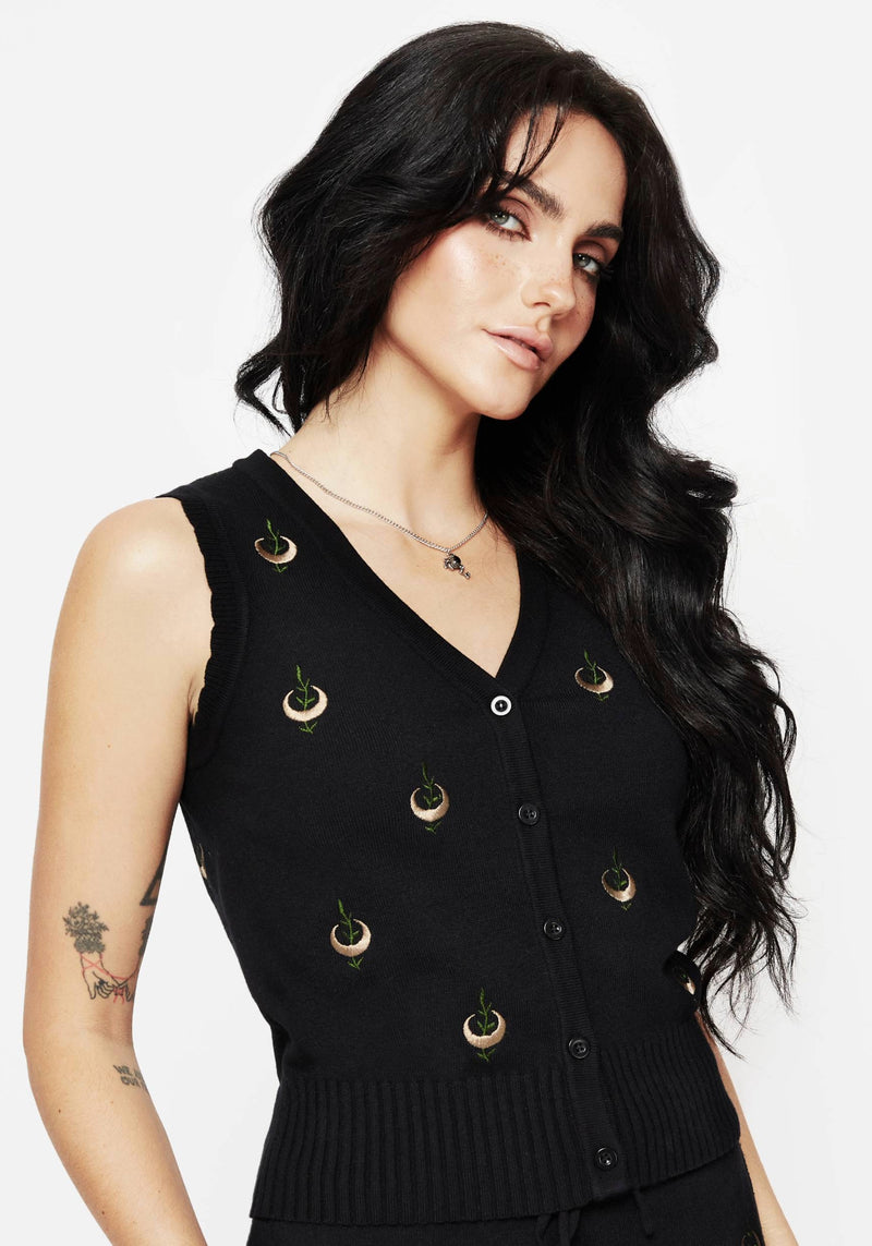 Liana Moon Leaf Embroidered Button Up Knit Vest