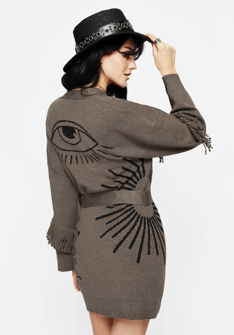 Iris Flare Sleeve Longline Fringe Knit Cardigan