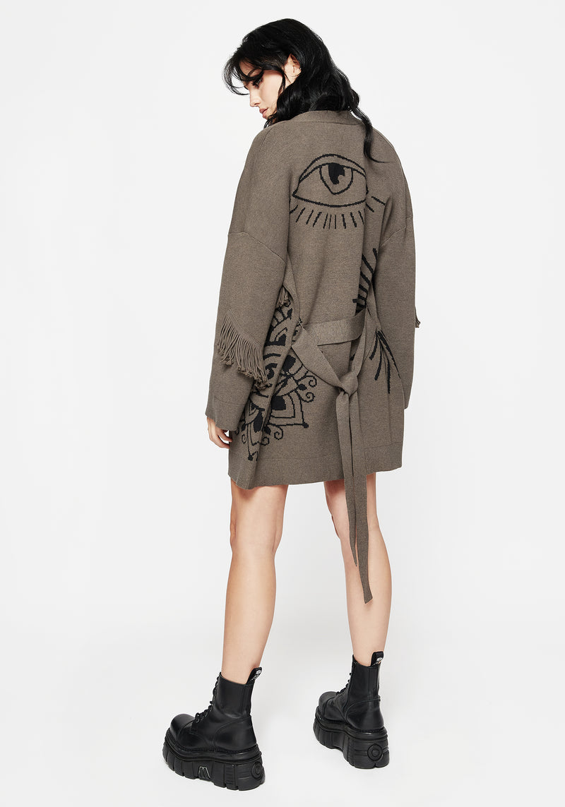 Iris Flare Sleeve Longline Fringe Knit Cardigan