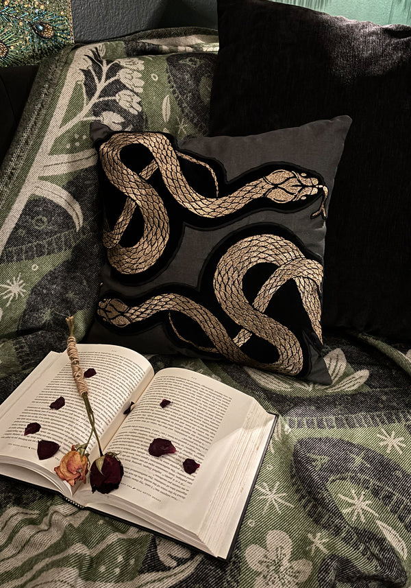 Zarina Snake Embroidered Velour Throw Cushion
