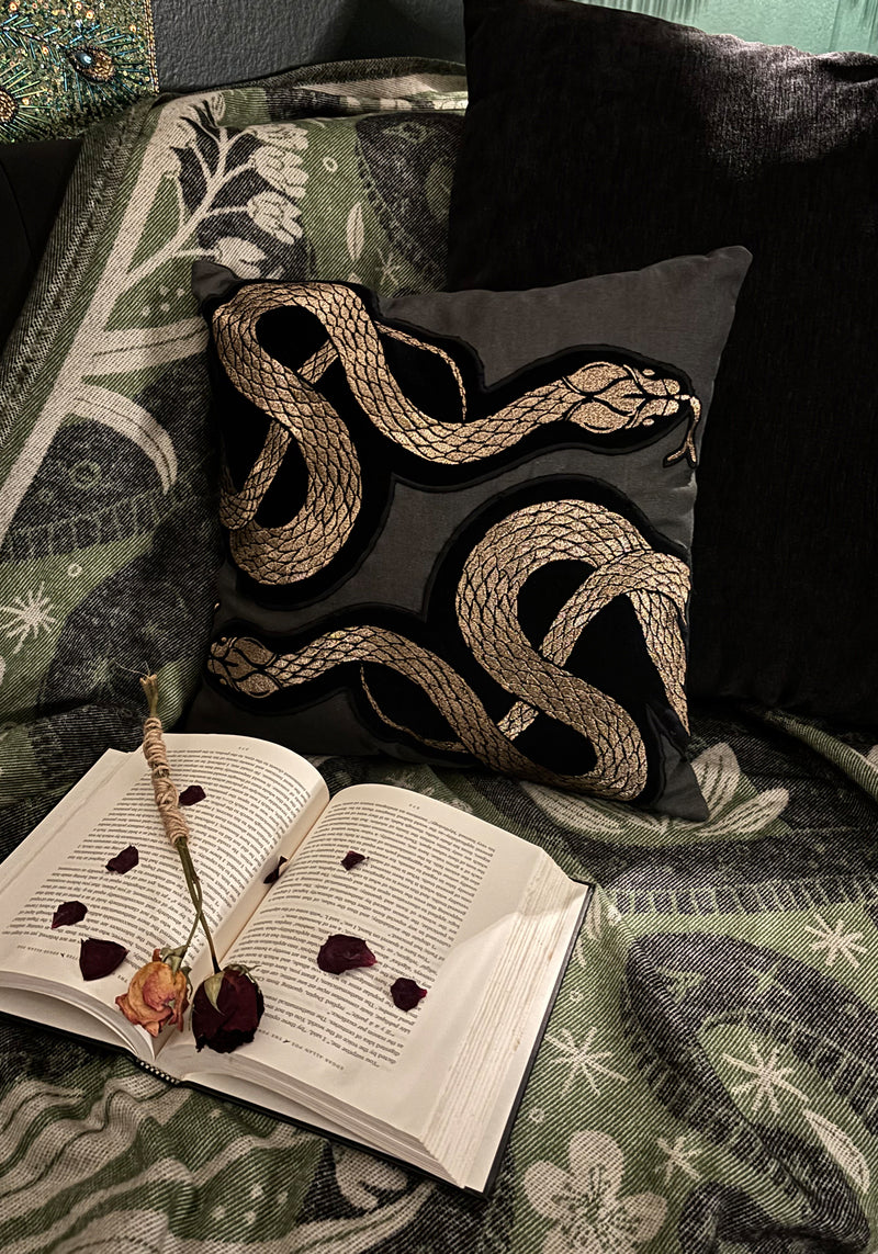 Zarina Snake Embroidered Velour Throw Cushion