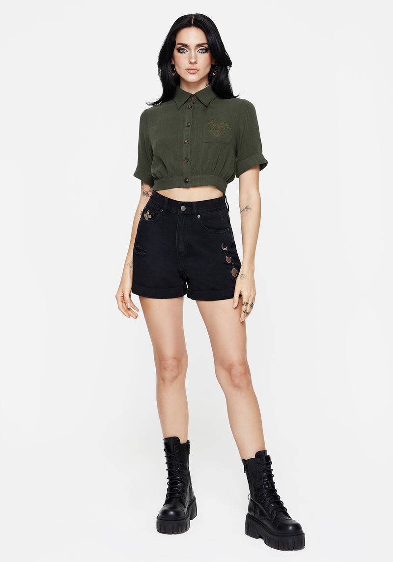 Foliate Linen-Blend Embroidered Short Sleeve Crop Shirt - Green