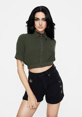 Foliate Linen-Blend Embroidered Short Sleeve Crop Shirt - Green