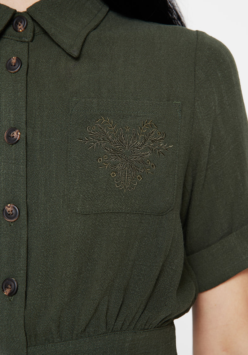 Foliate Linen-Blend Embroidered Short Sleeve Crop Shirt - Green