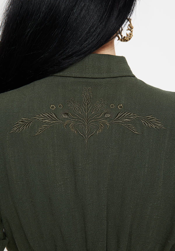 Foliate Linen-Blend Embroidered Short Sleeve Crop Shirt - Green