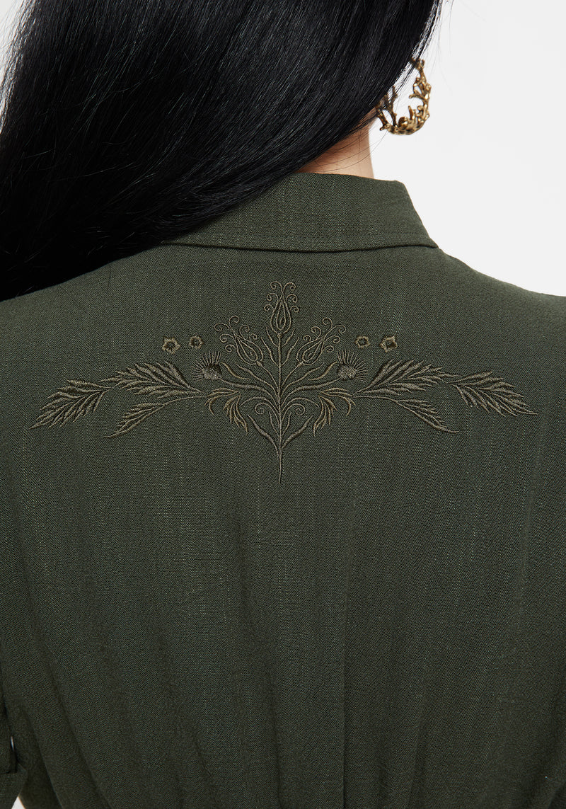 Foliate Linen-Blend Embroidered Short Sleeve Crop Shirt - Green