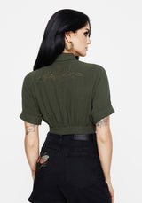 Foliate Linen-Blend Embroidered Short Sleeve Crop Shirt - Green