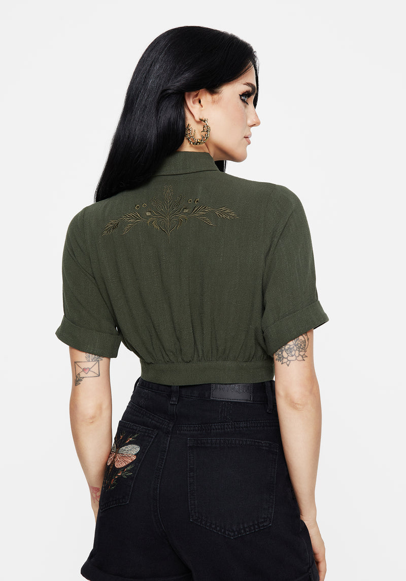 Foliate Linen-Blend Embroidered Short Sleeve Crop Shirt - Green