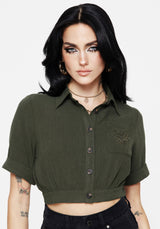Foliate Linen-Blend Embroidered Short Sleeve Crop Shirt - Green