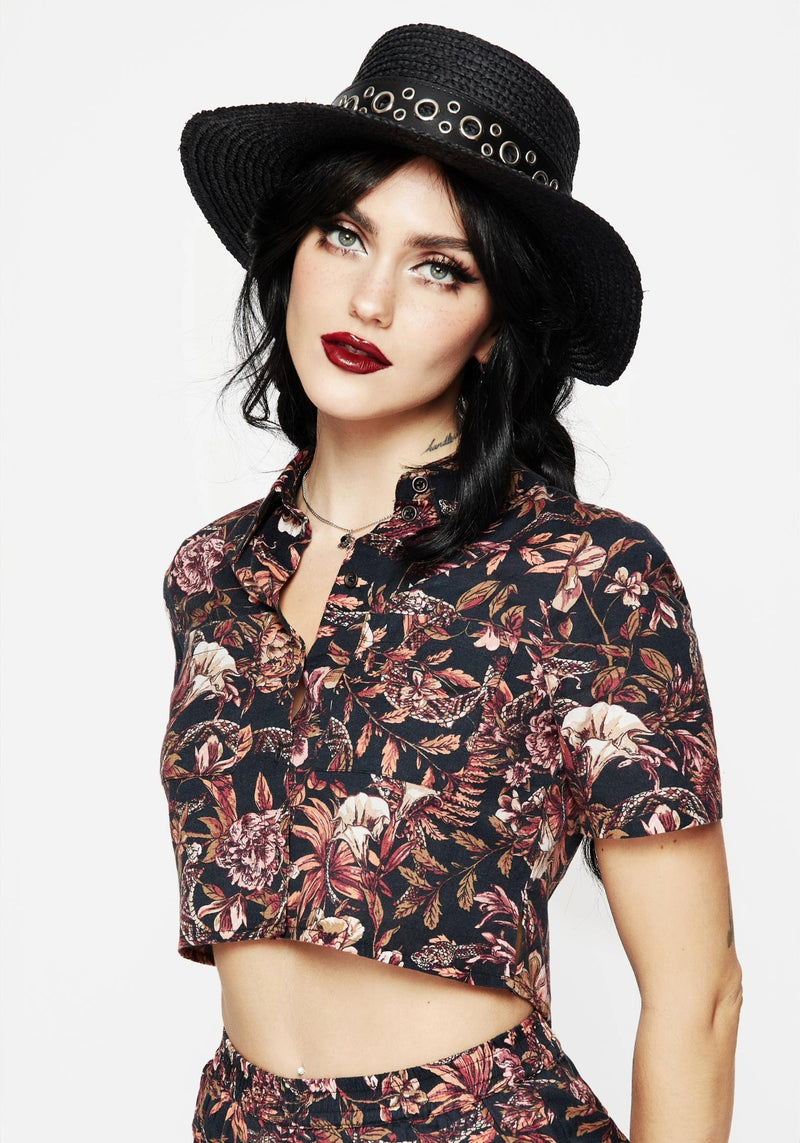 Bashe Cotton Floral Snake Print Short Sleeve Shirt