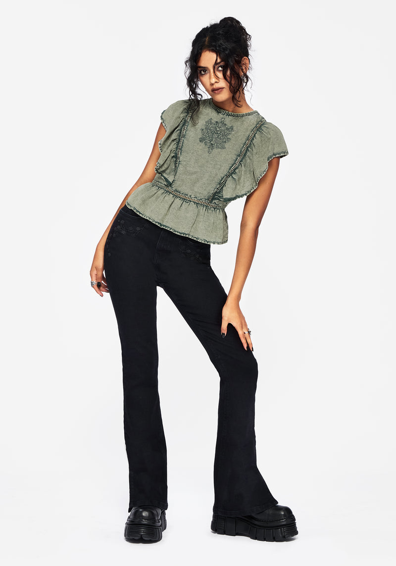 Eartha Embroidered Cotton Frill Detail Peplum Top