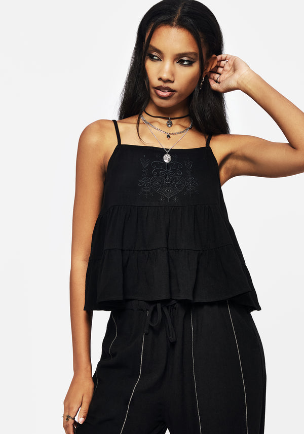 Cordata Linen-Blend Embroidered Tiered Cami Top - Black