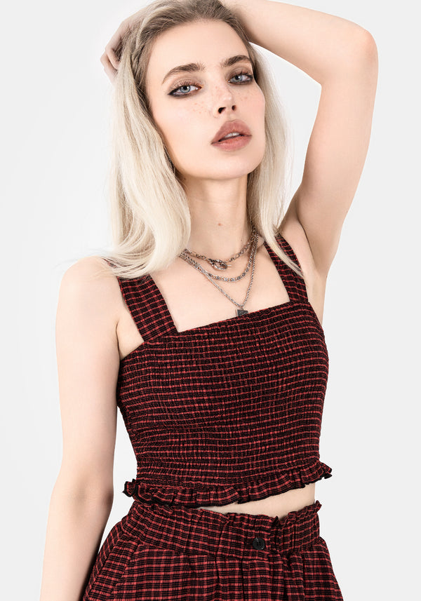 Carmine Textured Check Crop Top