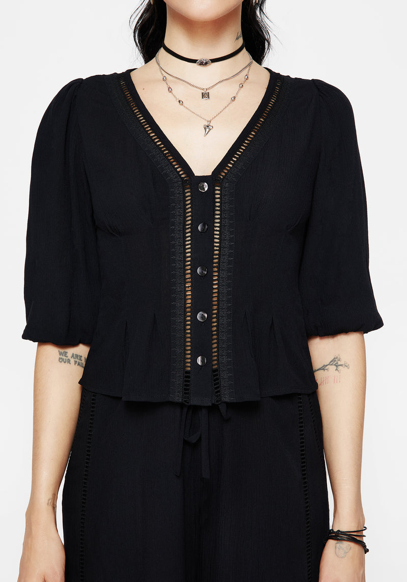 Blessing Lace Trim Tapered Waist Blouse Top