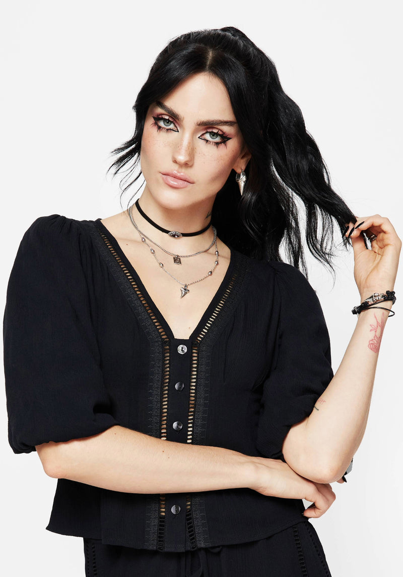 Blessing Lace Trim Tapered Waist Blouse Top