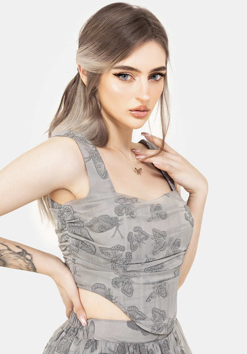 Vanessa Butterfly Print Organza Ruched Bodice Corset Top