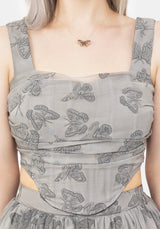 Vanessa Butterfly Print Organza Ruched Bodice Corset Top