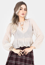 Villain Textured Tie Front Peplum Blouse - White