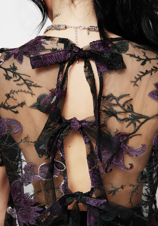 Estrid Embroidered Mesh Tie Back Blouse Top