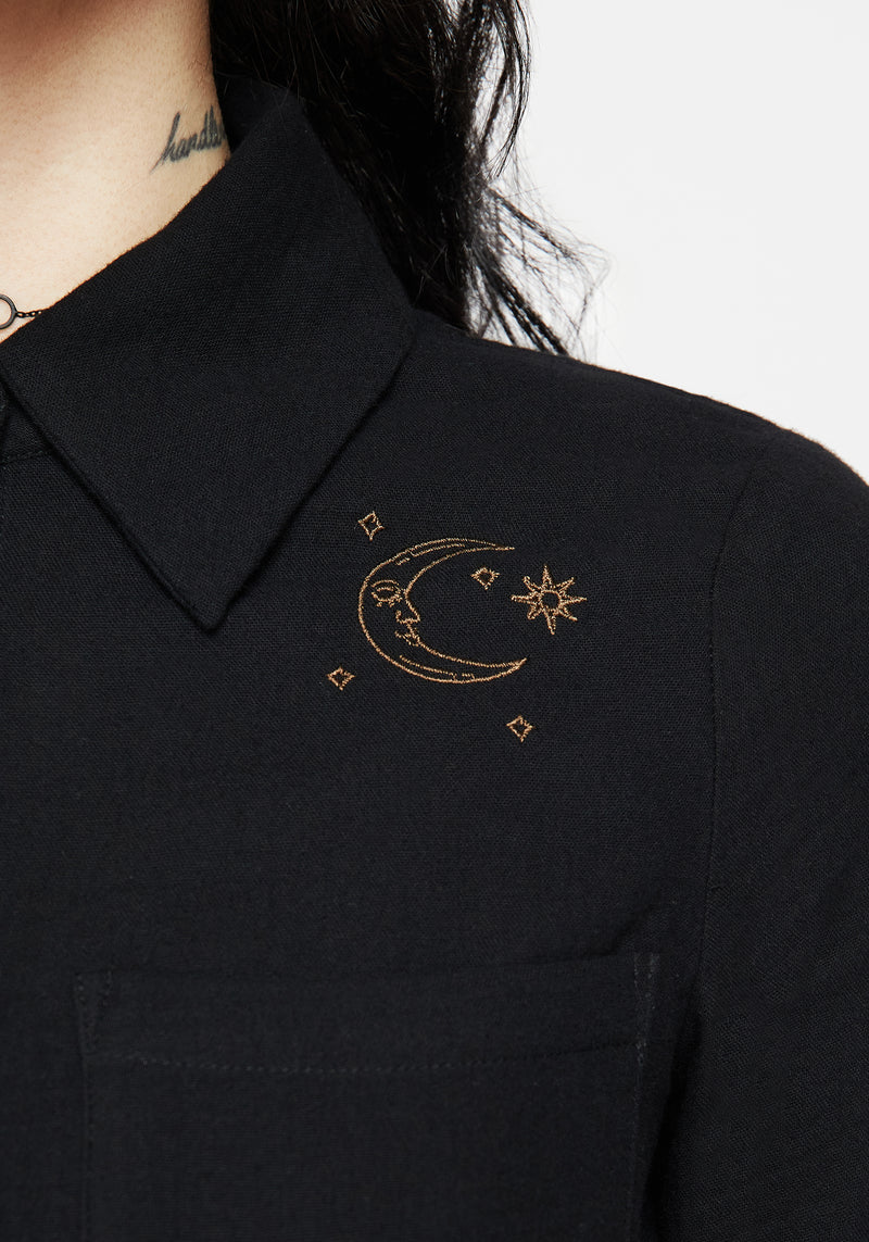 Cosmos Embroidered Button Up Crop Shirt
