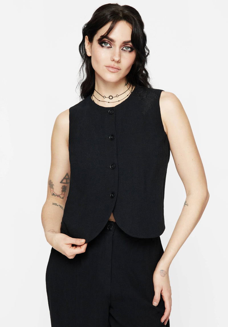 Aya Embroidered Linen Blend Button Front Waistcoat