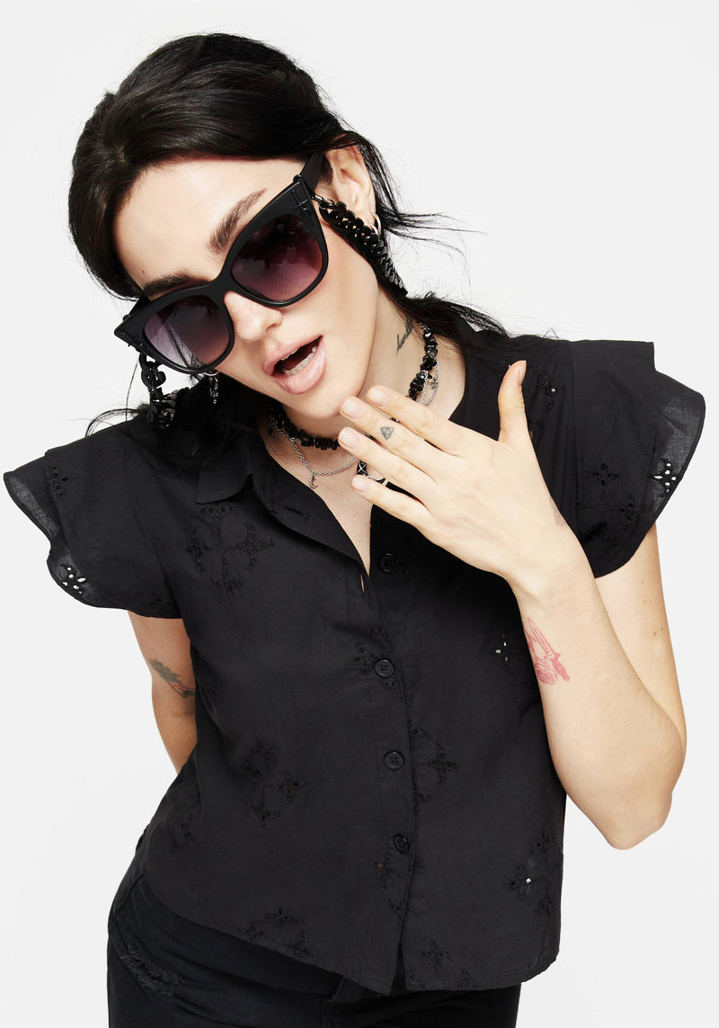 Crux Broderie Cotton Frill Sleeve Button Up Shirt