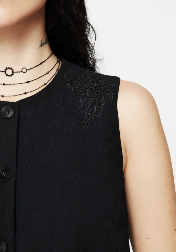 Aya Embroidered Linen Blend Button Front Waistcoat