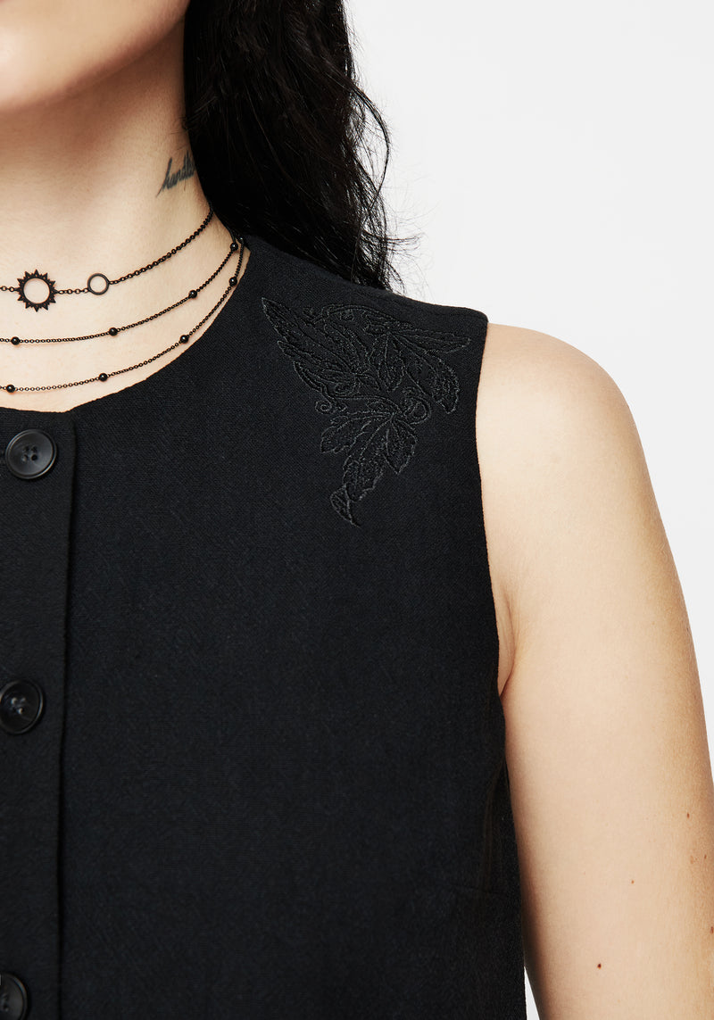 Aya Embroidered Linen Blend Button Front Waistcoat