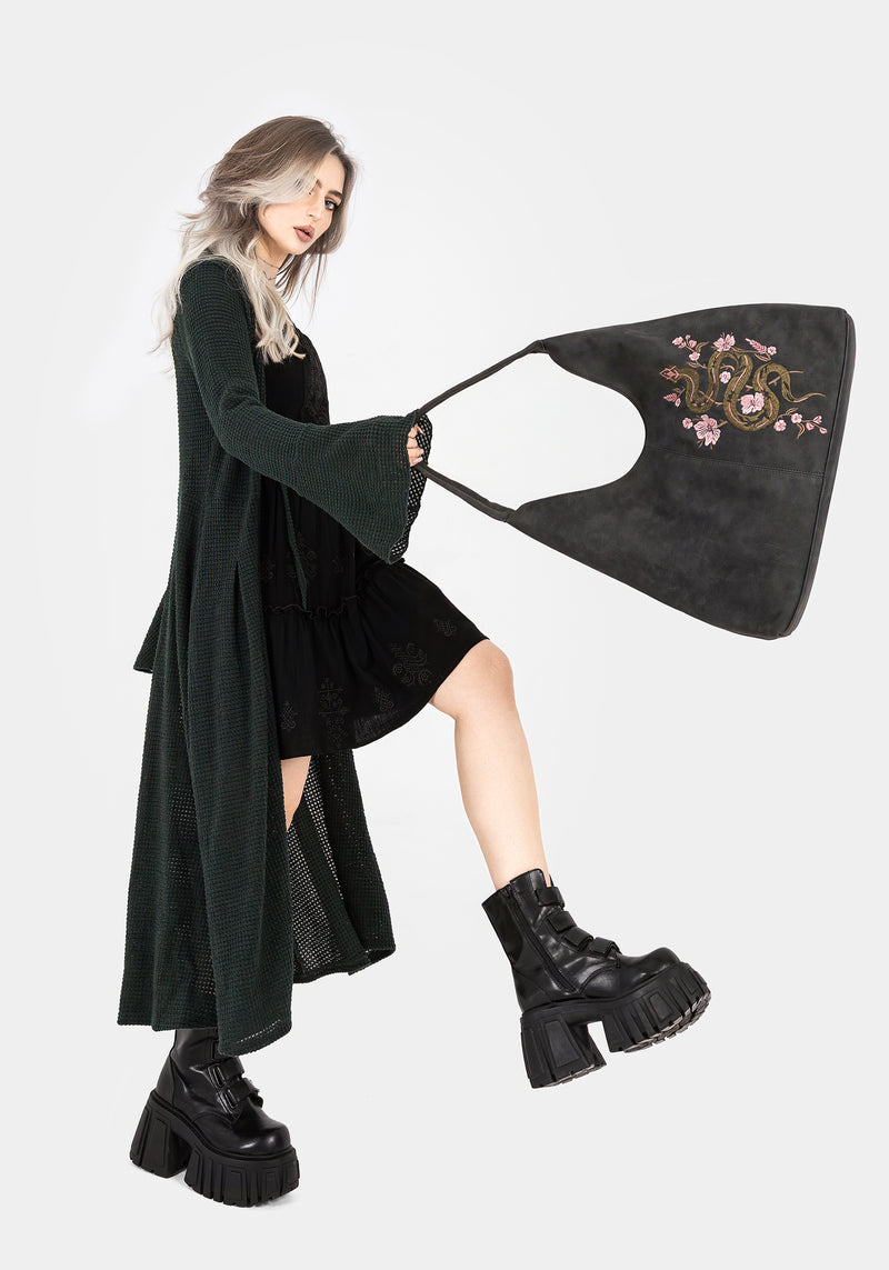 Gorgon Snake Embroidered Faux Suede Tote Bag