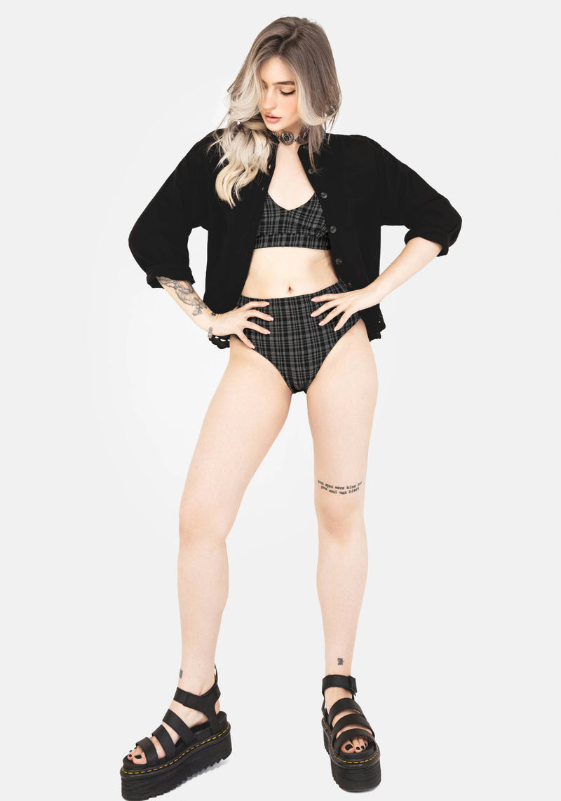 Slate Textured Check High Waist Swim Bottoms