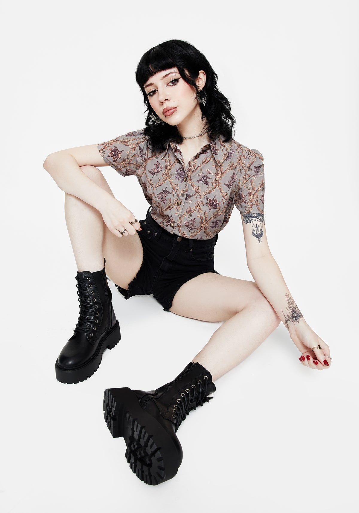Blossom Floral Tile Printed Cropped Button Up Shirt