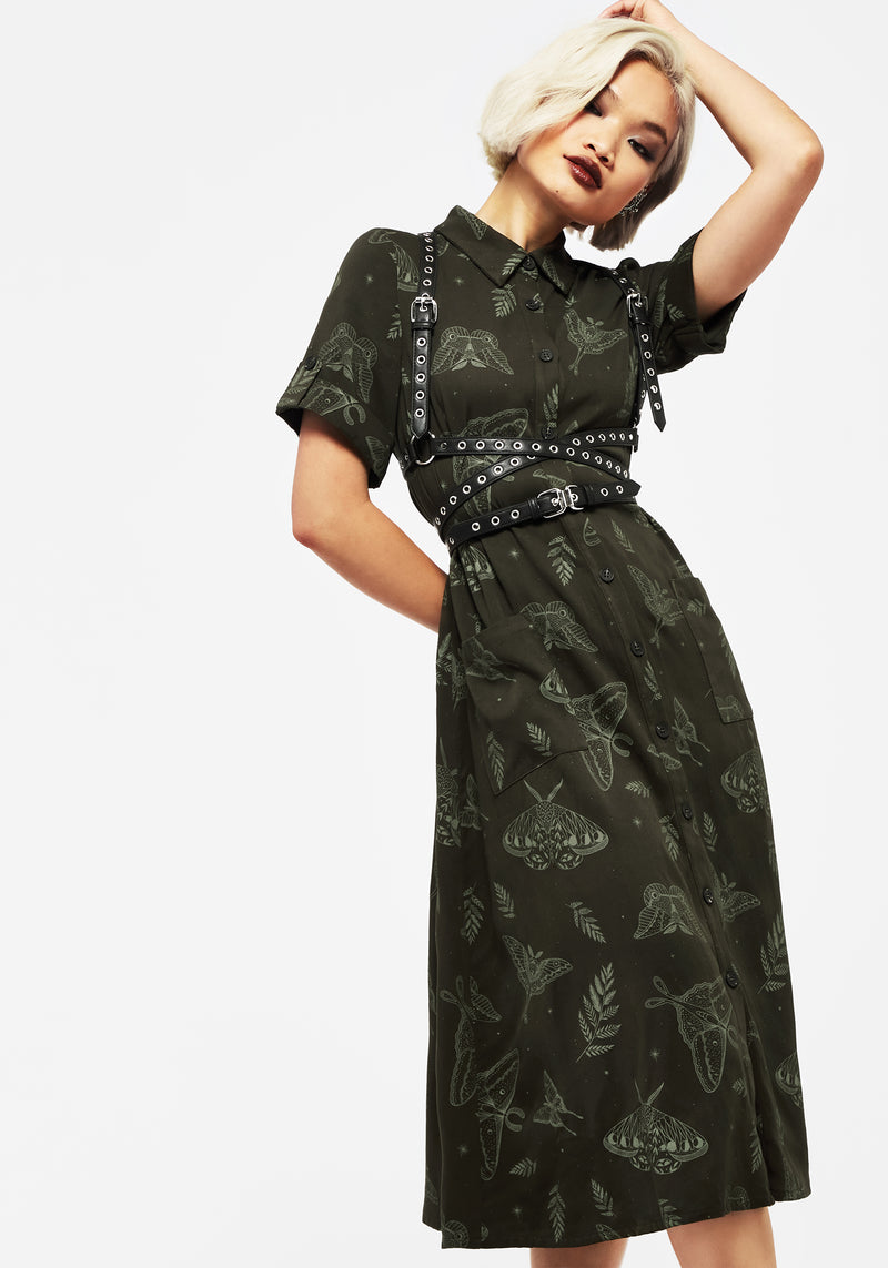 Callopistria Moth Print Midi Shirt Dress - Green