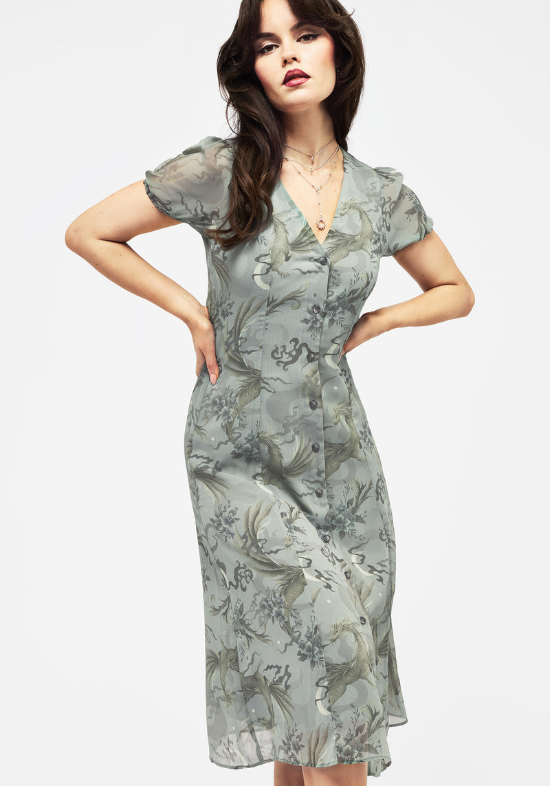 Sapphira Dragon Print Chiffon Button Up Midi Dress