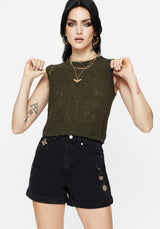 Griffinfly Embroidered Distressed Denim Shorts